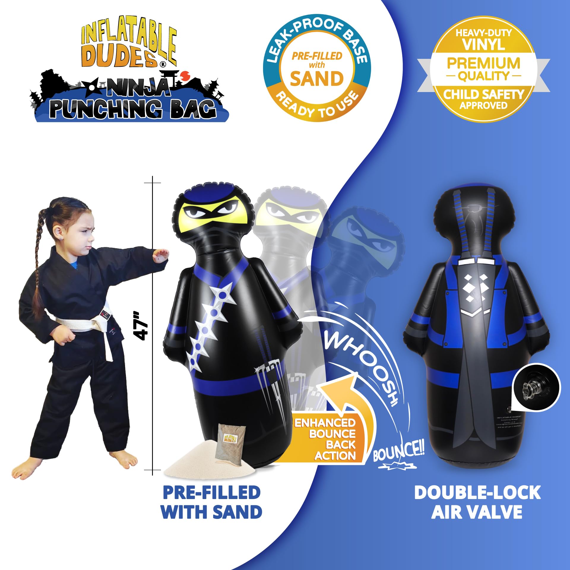 Inflatable Dudes Ninja Toy 47 Inches base filled with sand for stability.