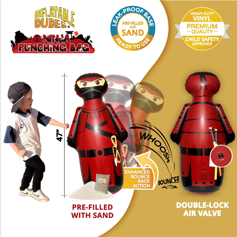 Inflatable Dudes Ninja Toy 47 inches in-use shows kids punching and kicking with safe bounce