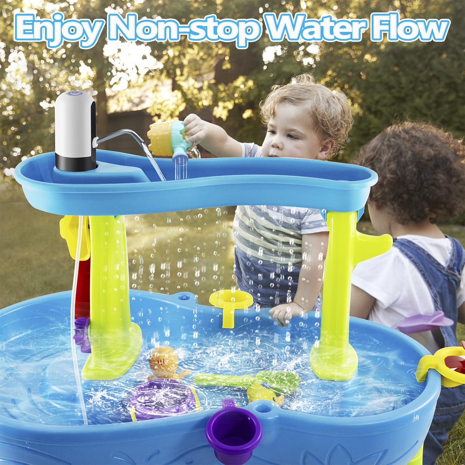 Infowush Water Table Pump cordless operation powered by a 2500 mAh battery.