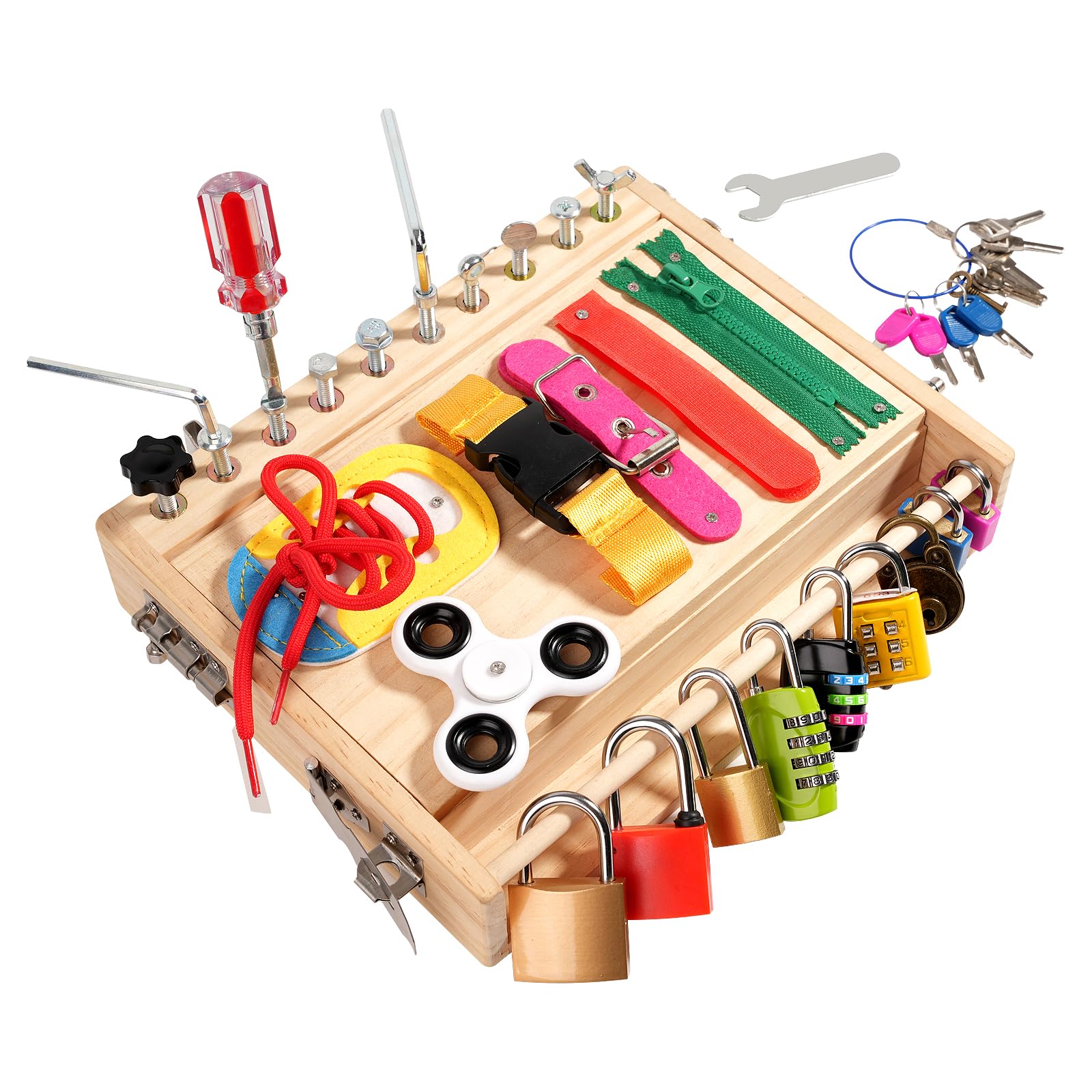 INIFEIDALA Busy Board overall view highlights durable wooden design for everyday learning.