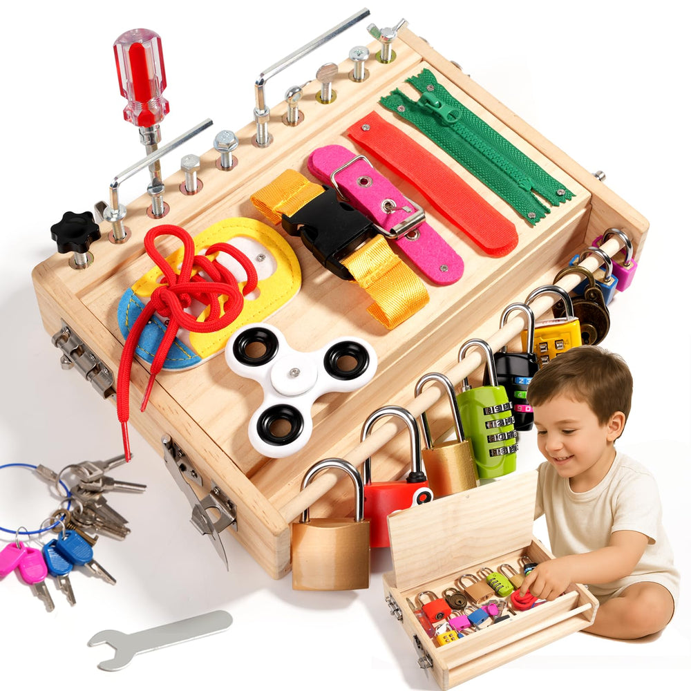 INIFEIDALA Busy Board with locks boosts fine motor skills for toddlers.