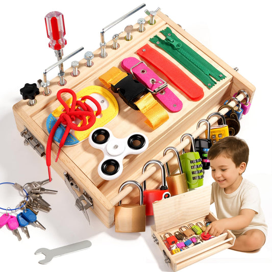INIFEIDALA Busy Board with locks boosts fine motor skills for toddlers.