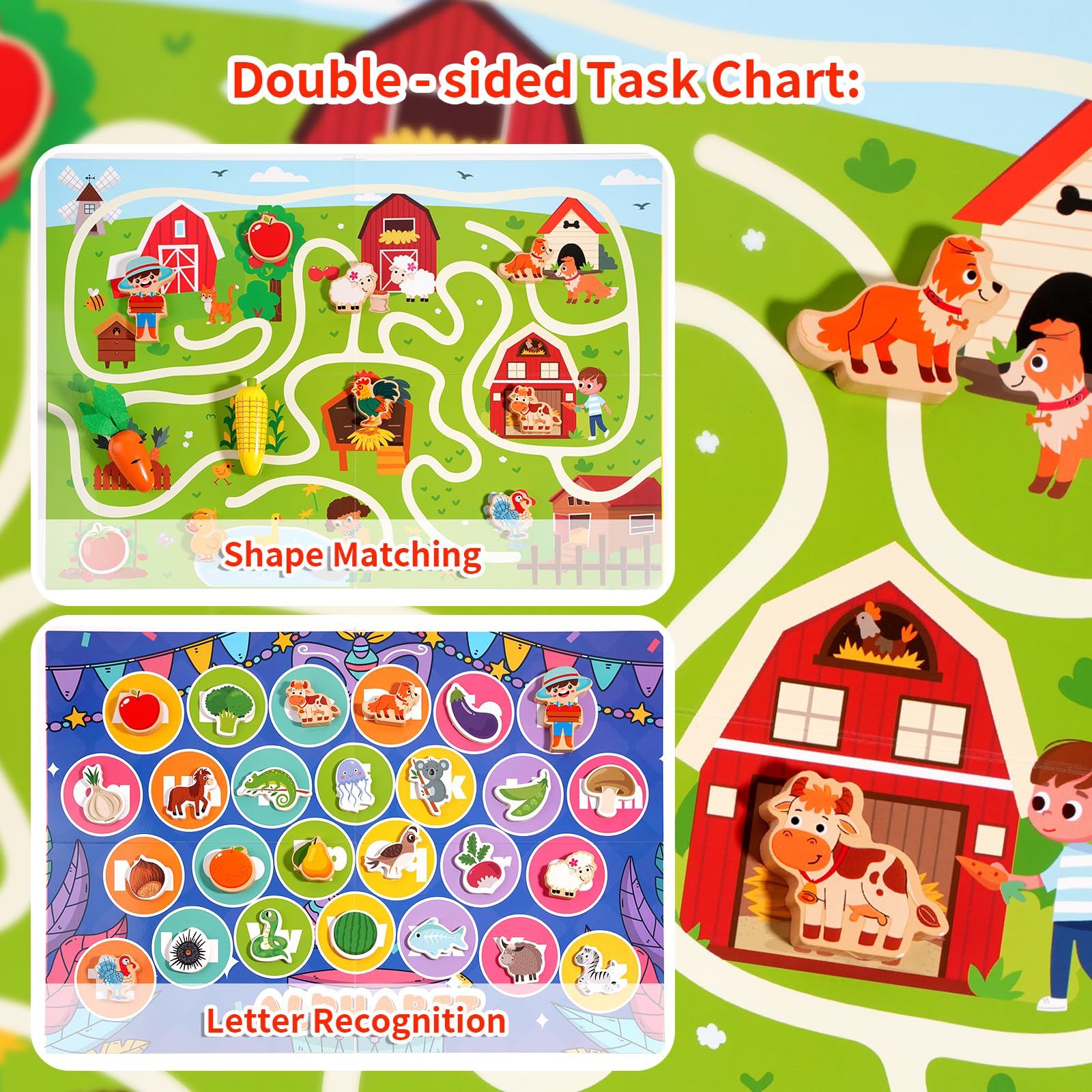 INIFEIDALA Farm Toy double-sided board for shape and alphabet learning
