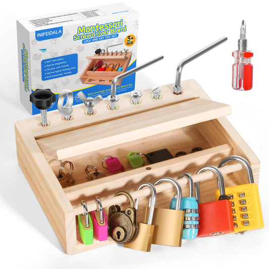 INIFEIDALA Montessori screwdriver board close-up showing locks and keys for fine motor practice.