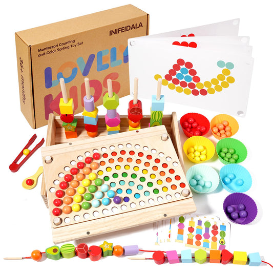 INIFEIDALA rainbow beads on wooden peg board for fine motor practice and color sorting.