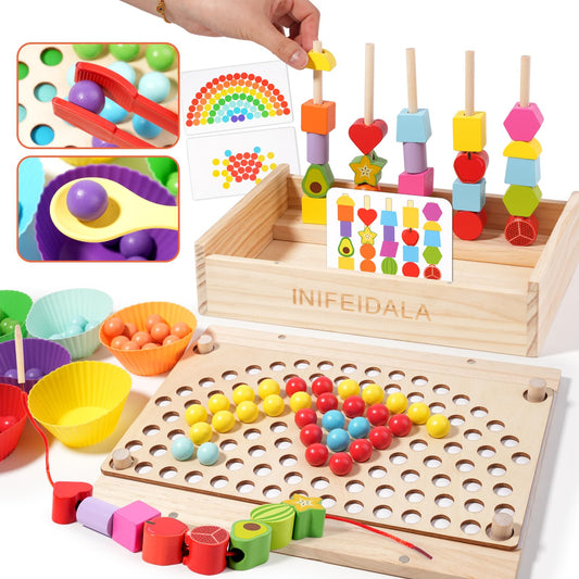 INIFEIDALA threading beads with pattern cards supports sequencing and hand-eye coordination.