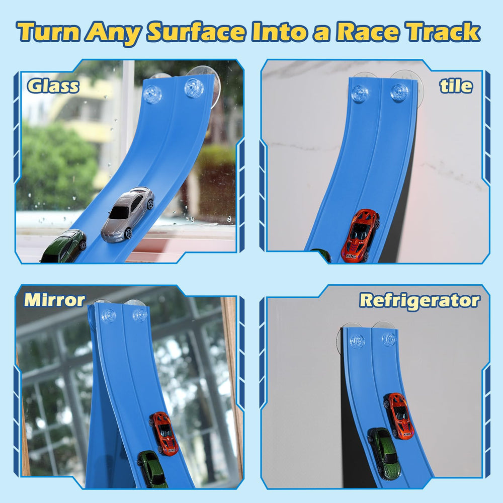 INKZOO Flex Tracks compatible with 1/64 scale diecast cars for familiar favorites.