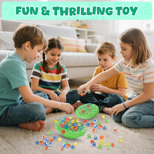 INKZOO Marble Balance Game marbles close-up—bright glass pieces for engaging, tactile play.