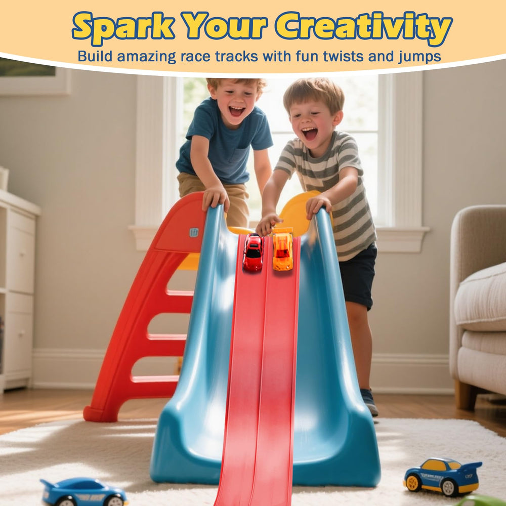 INKZOO track with strong suction cups clinging to a window for vertical racing.