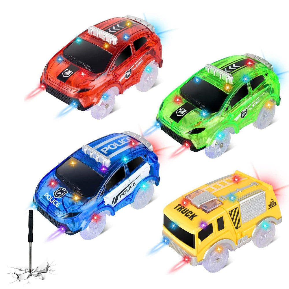 INLAIER Track Cars Glow 4-Pack on glow track for night play
