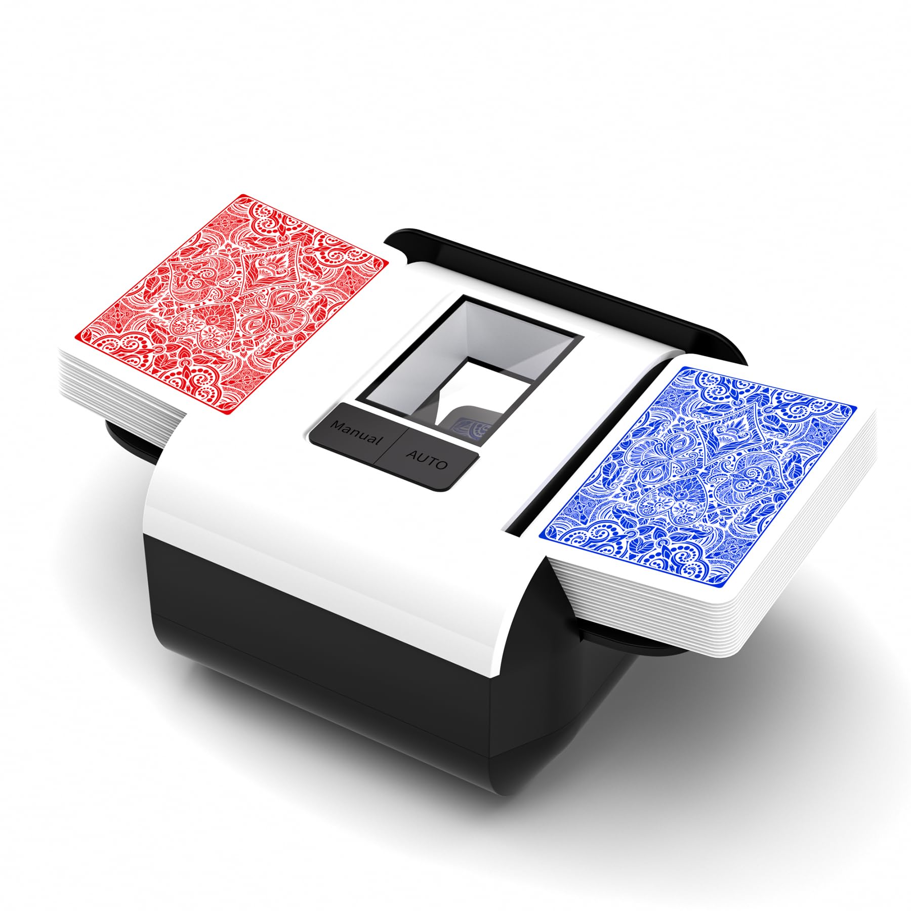 INNCNN auto card shuffler front view in white, fast 2-deck shuffle for games.