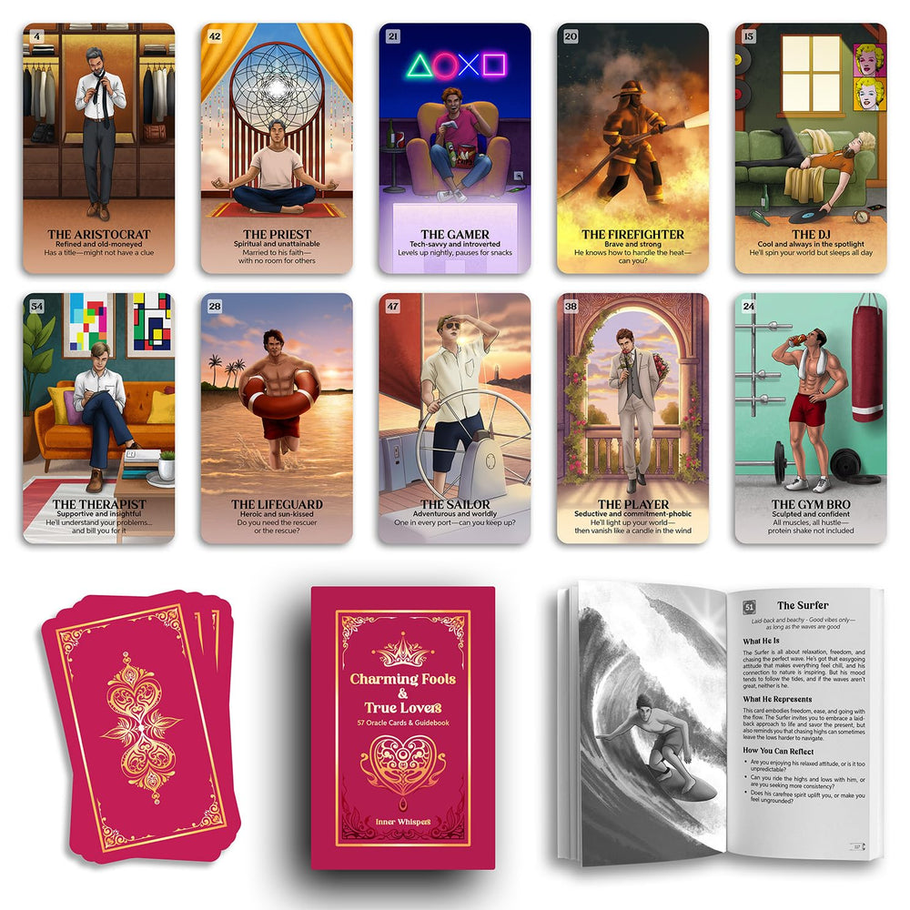 Inner Whispers Charming Fools card spread showcases layouts for reflections and conversations.
