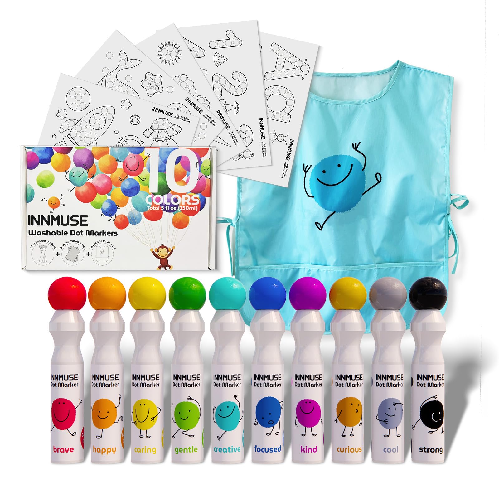 INNMUSE dot markers in a 10-color pack for mess-free toddler art projects