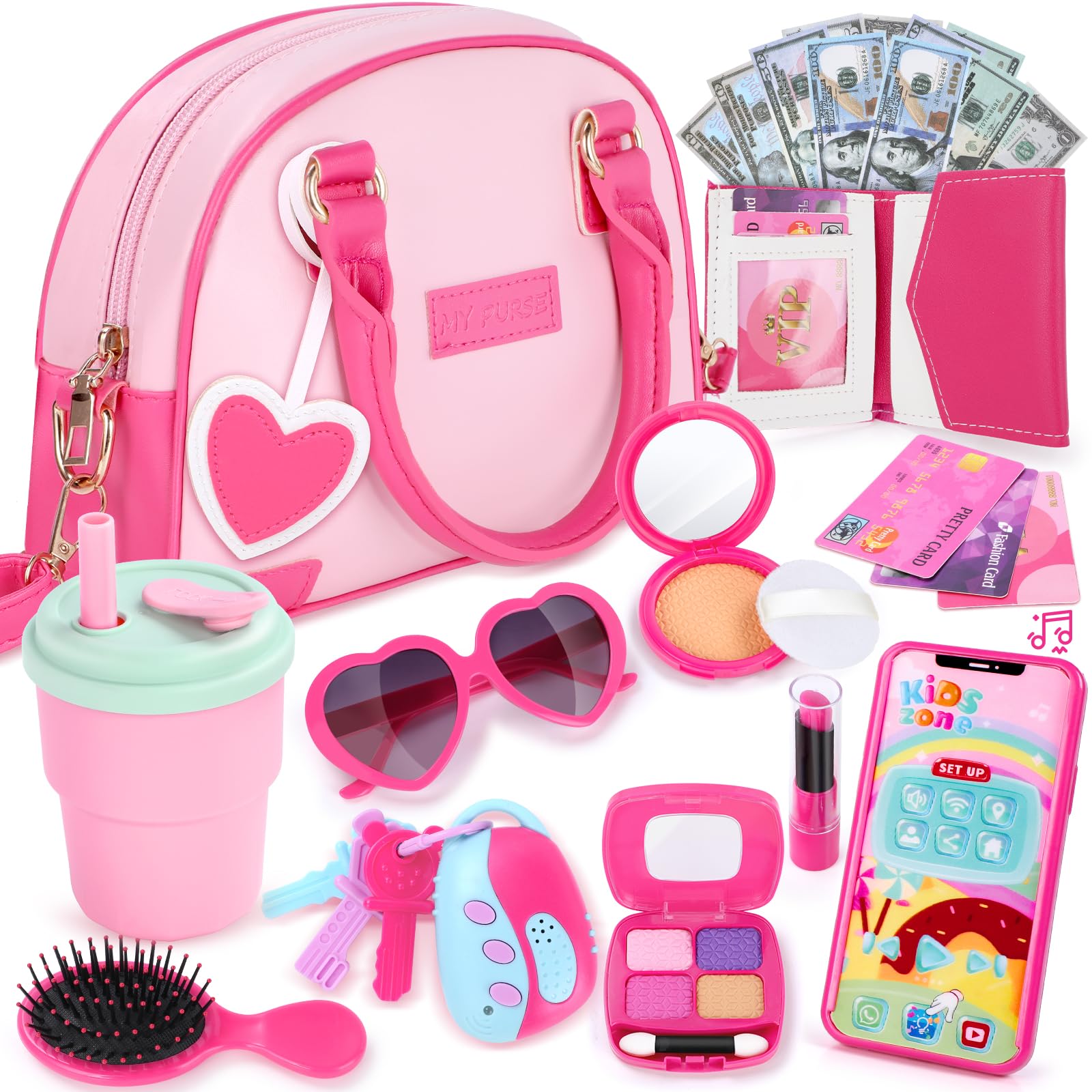 INNOCHEER little girls purse in pink with heart pendant for imaginative dress-up play