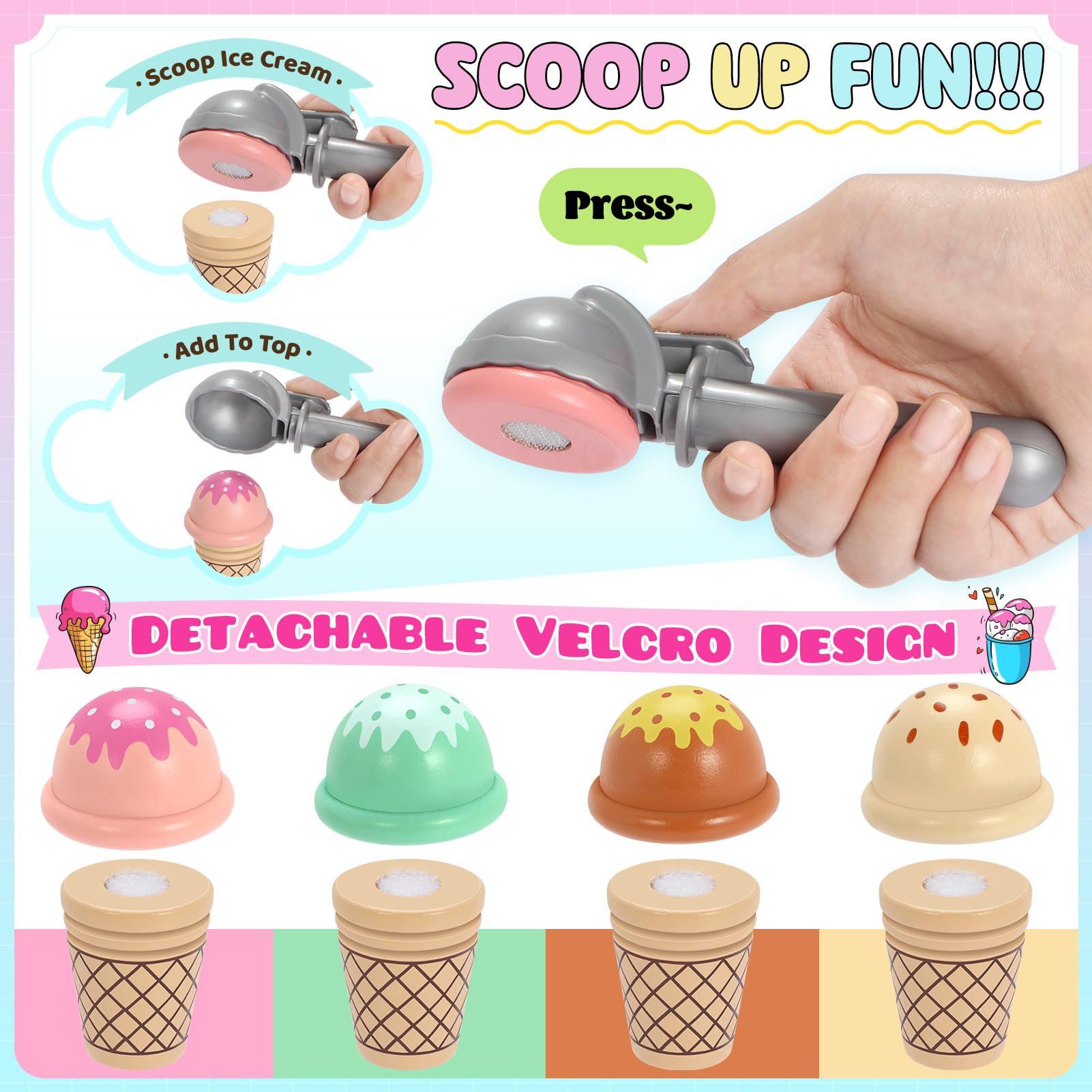 INNOCHEER wooden ice cream cones fit scoops for realistic shop scenes