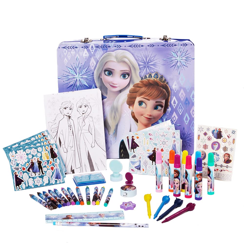 Innovative Designs Disney Frozen 2 deluxe activity set front of tin showcases Elsa and Anna for creative play