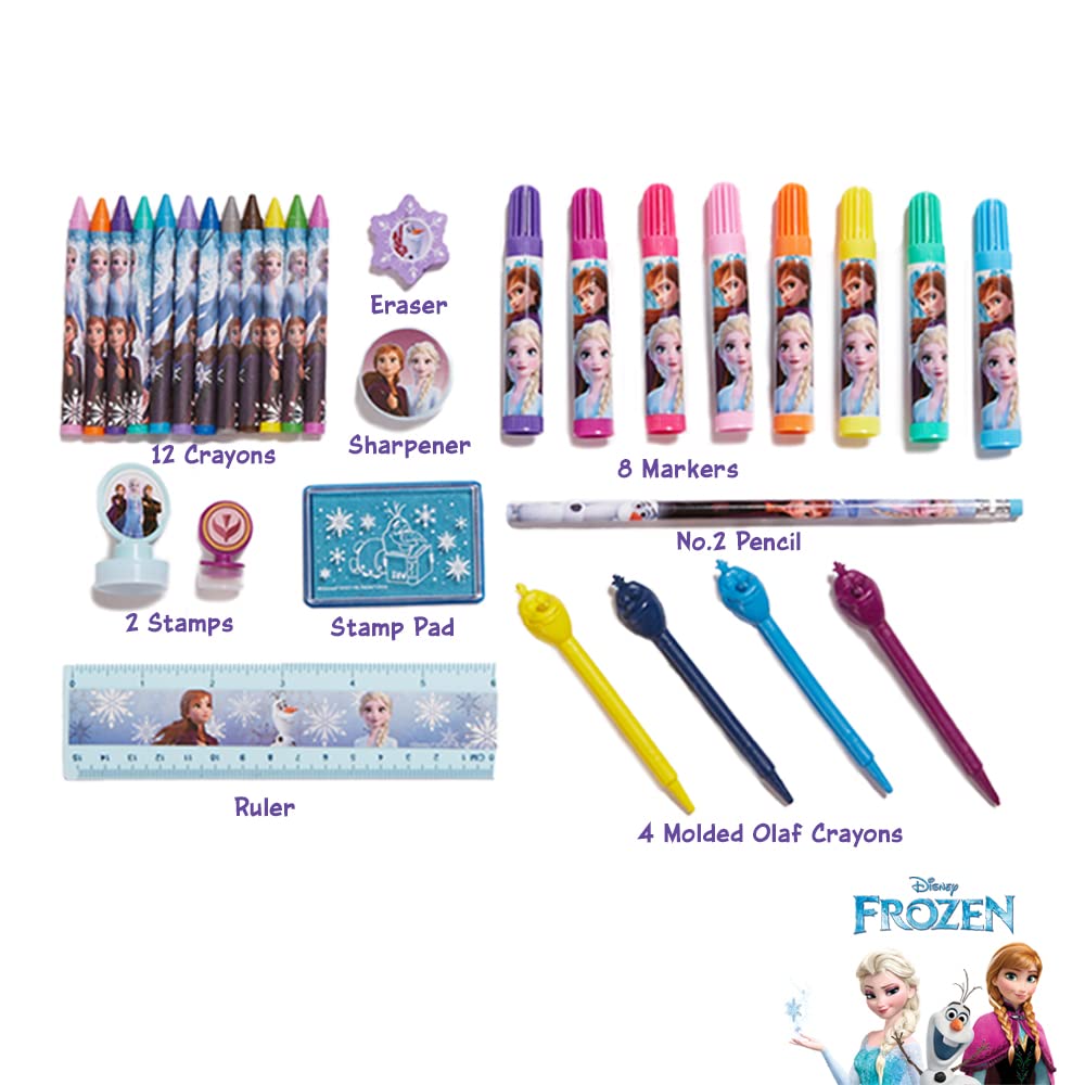 Innovative Designs Disney Frozen 2 deluxe activity set open tin reveals a rainbow of art supplies for kids