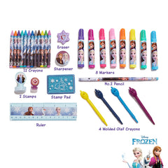 Innovative Designs Disney Frozen 2 deluxe activity set open tin reveals a rainbow of art supplies for kids