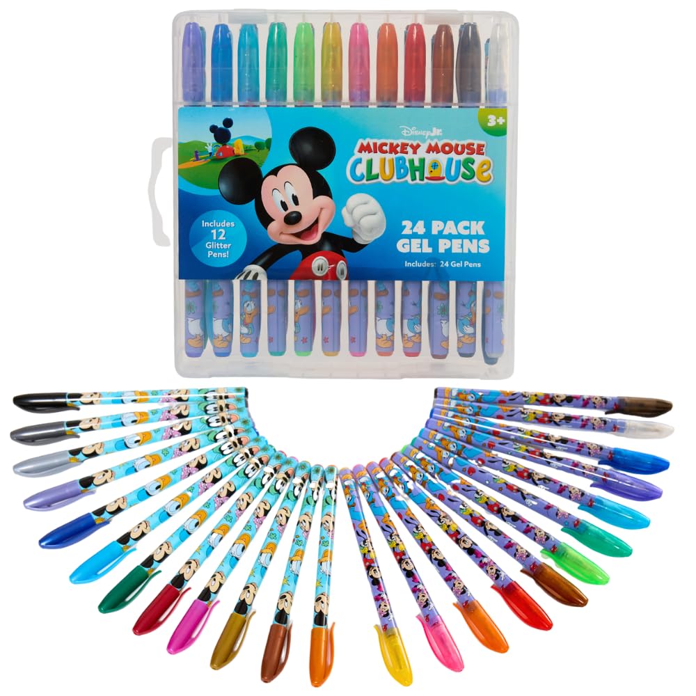 Innovative Designs Disney Mickey Mouse gel pens 24-pack with glitter for vibrant coloring.