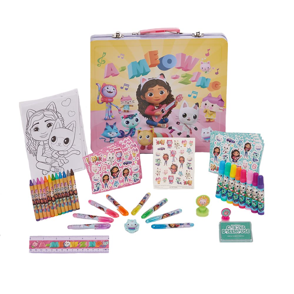 Innovative Designs Gabby's Dollhouse Deluxe tin carrying case keeps art supplies organized during travel.