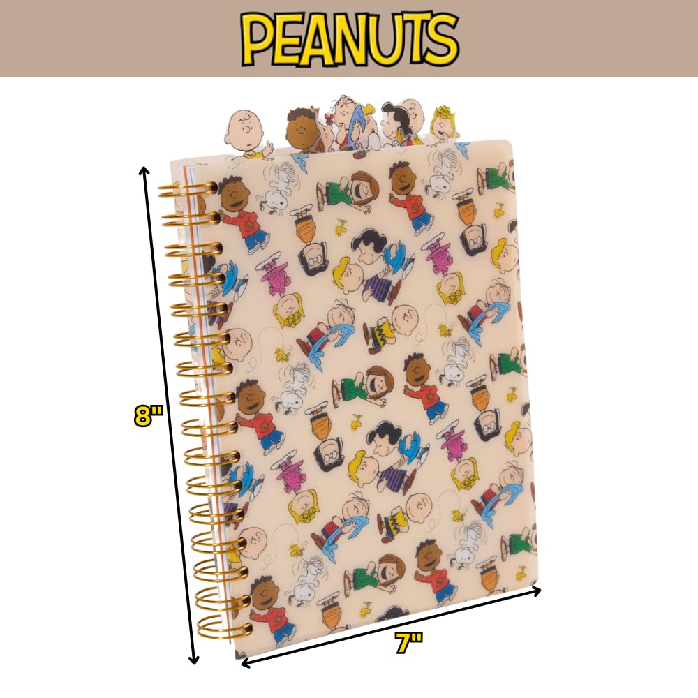 Colorful section dividers help categorize notes with playful Peanuts illustrations.