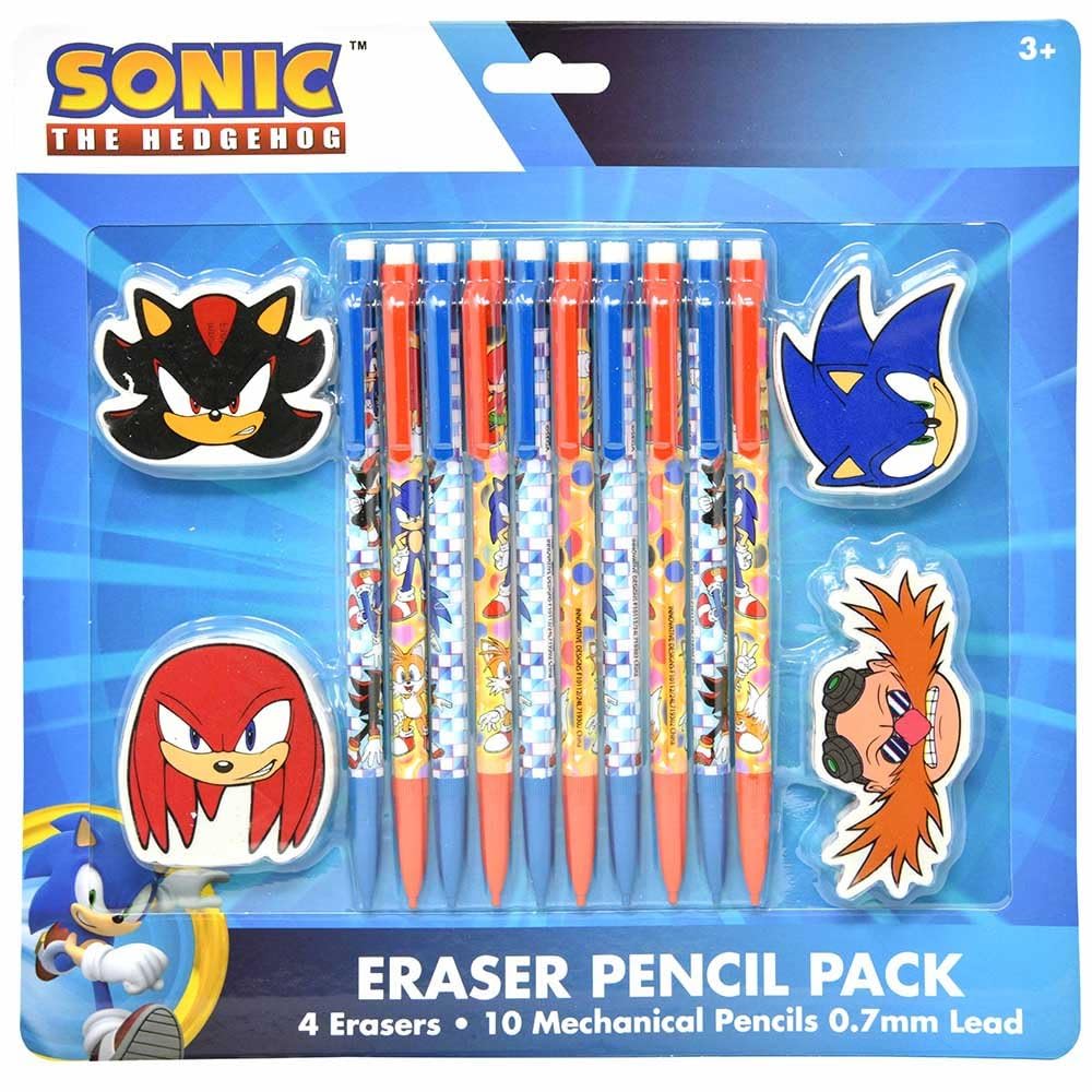 Innovative Designs Sonic eraser and pencil pack with 10 pencils and 4 character erasers for school use
