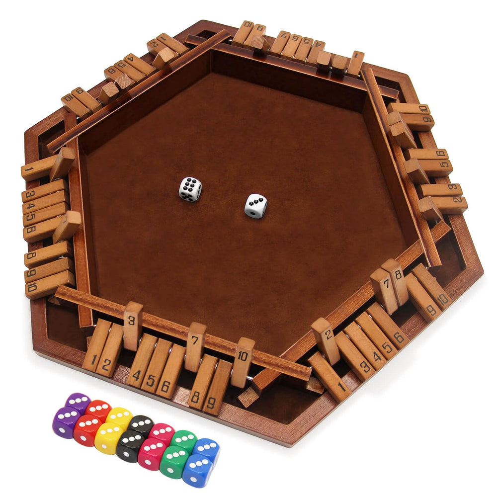 INNOVJOPRO Shut The Box wooden box with dice for family game nights.