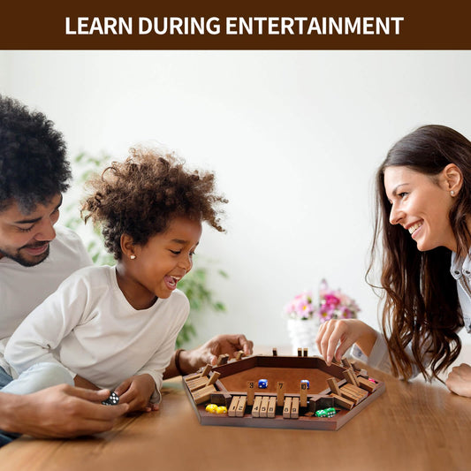 INNOVJOPRO Shut The Box wooden dice set enhances quick math practice.