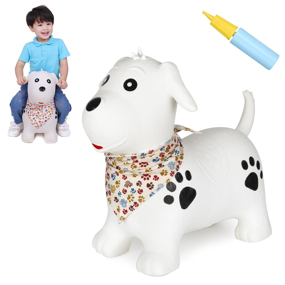 INPANY bouncy dog hopper toy with a soft body promotes active toddler play.