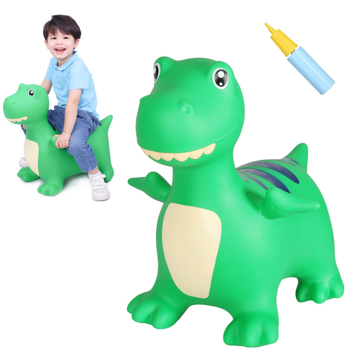 INPANY Bouncy Horse front view—friendly dinosaur hopper for joyful indoor and outdoor play.