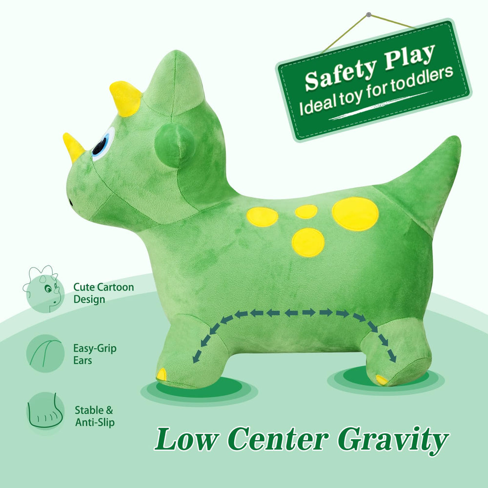 INPANY inflatable Triceratops hopper with soft plush cover for toddlers.