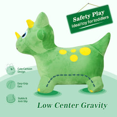 INPANY inflatable Triceratops hopper with soft plush cover for toddlers.