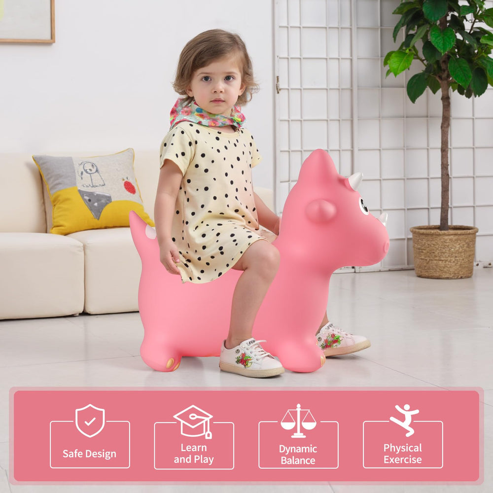 INPANY pink dinosaur hopper close-up showing durable material for active kids.