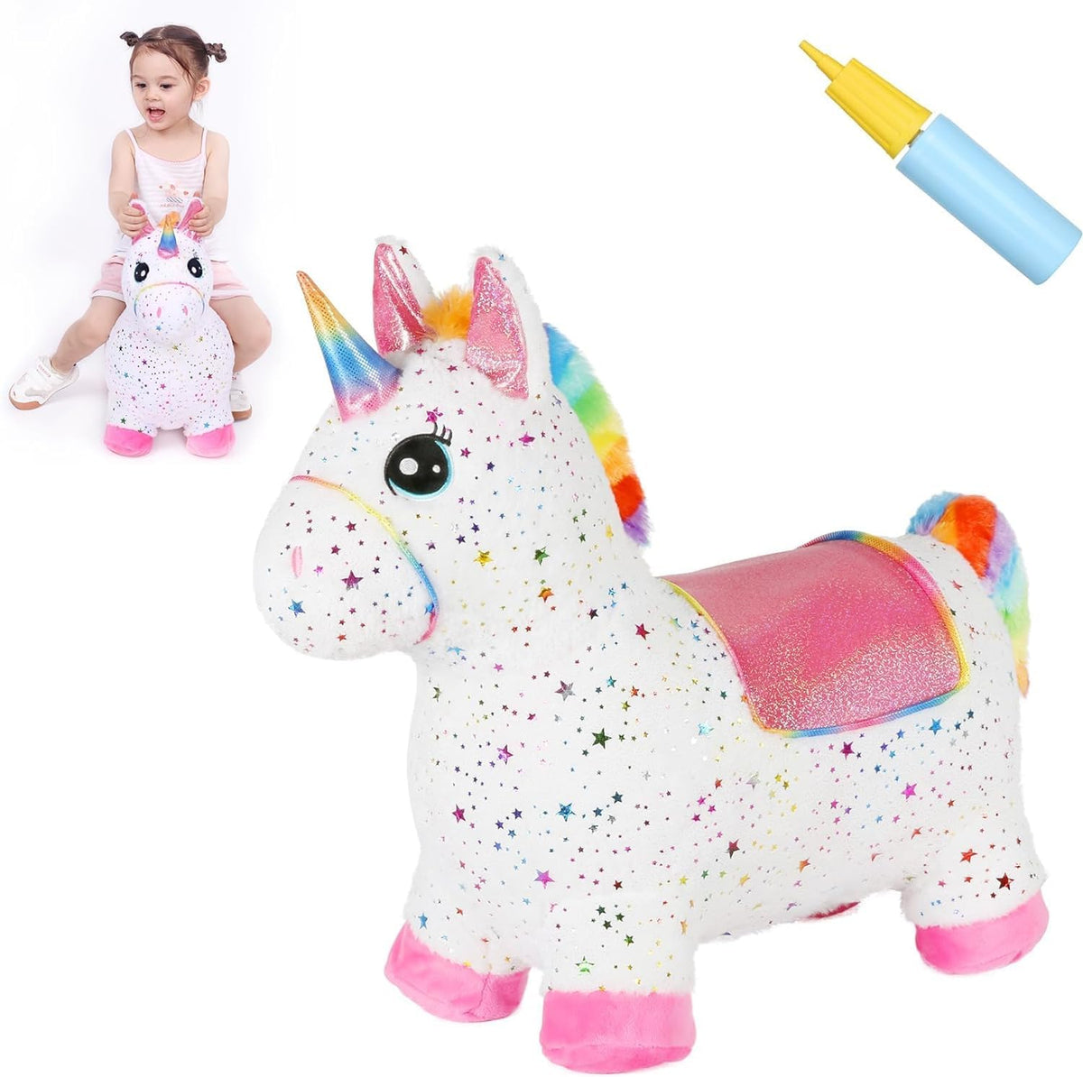 INPANY unicorn bouncy horse toy for indoor and outdoor play, promoting balance.