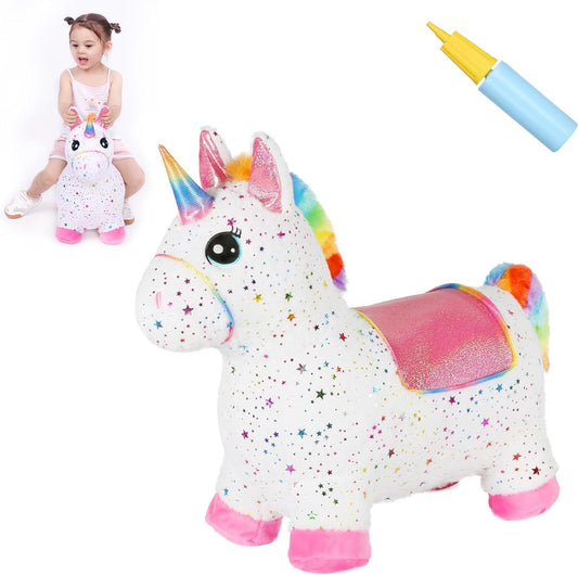 INPANY unicorn bouncy horse toy for indoor and outdoor play, promoting balance.