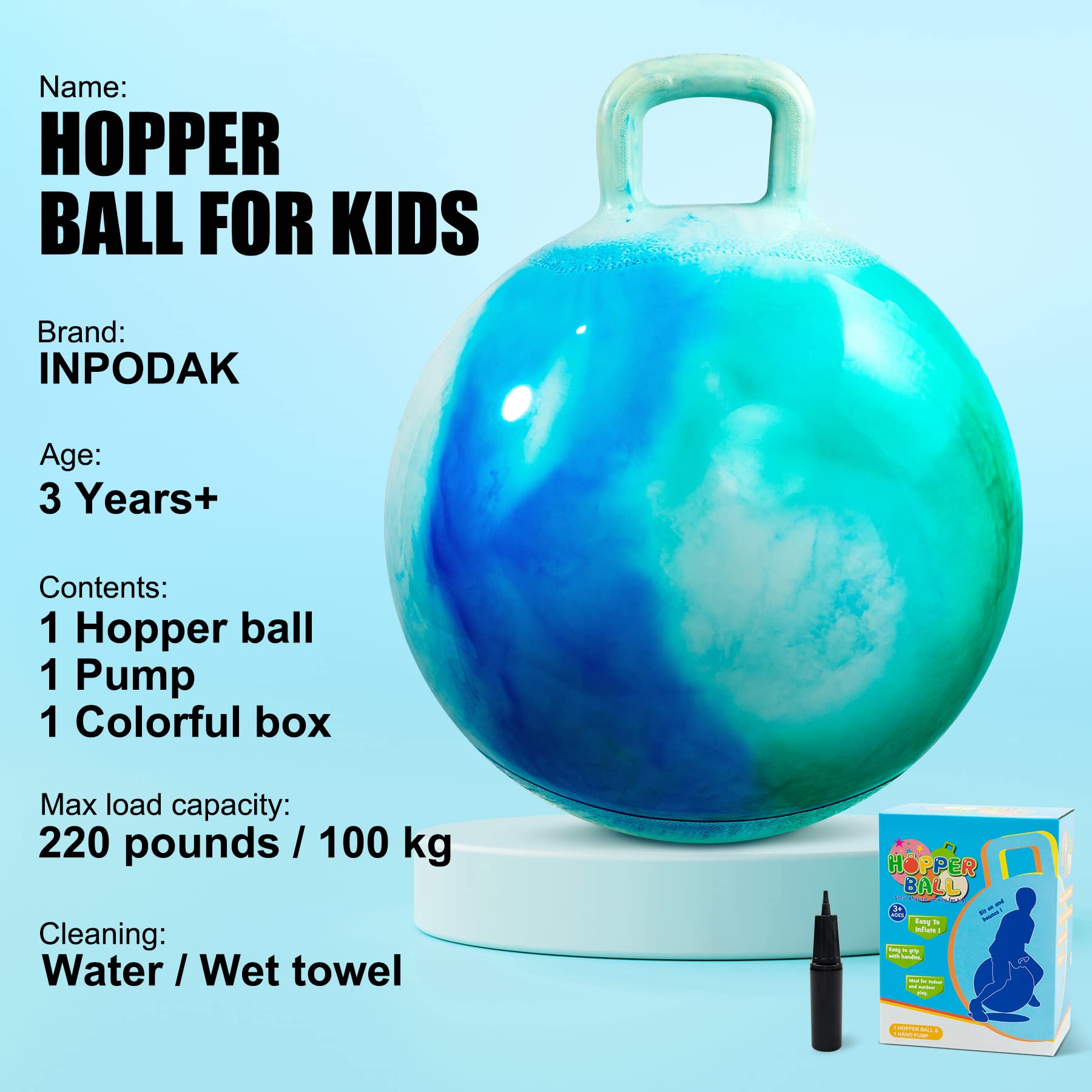 INPODAK Hopper Ball 18-inch side view showing sturdy handle.