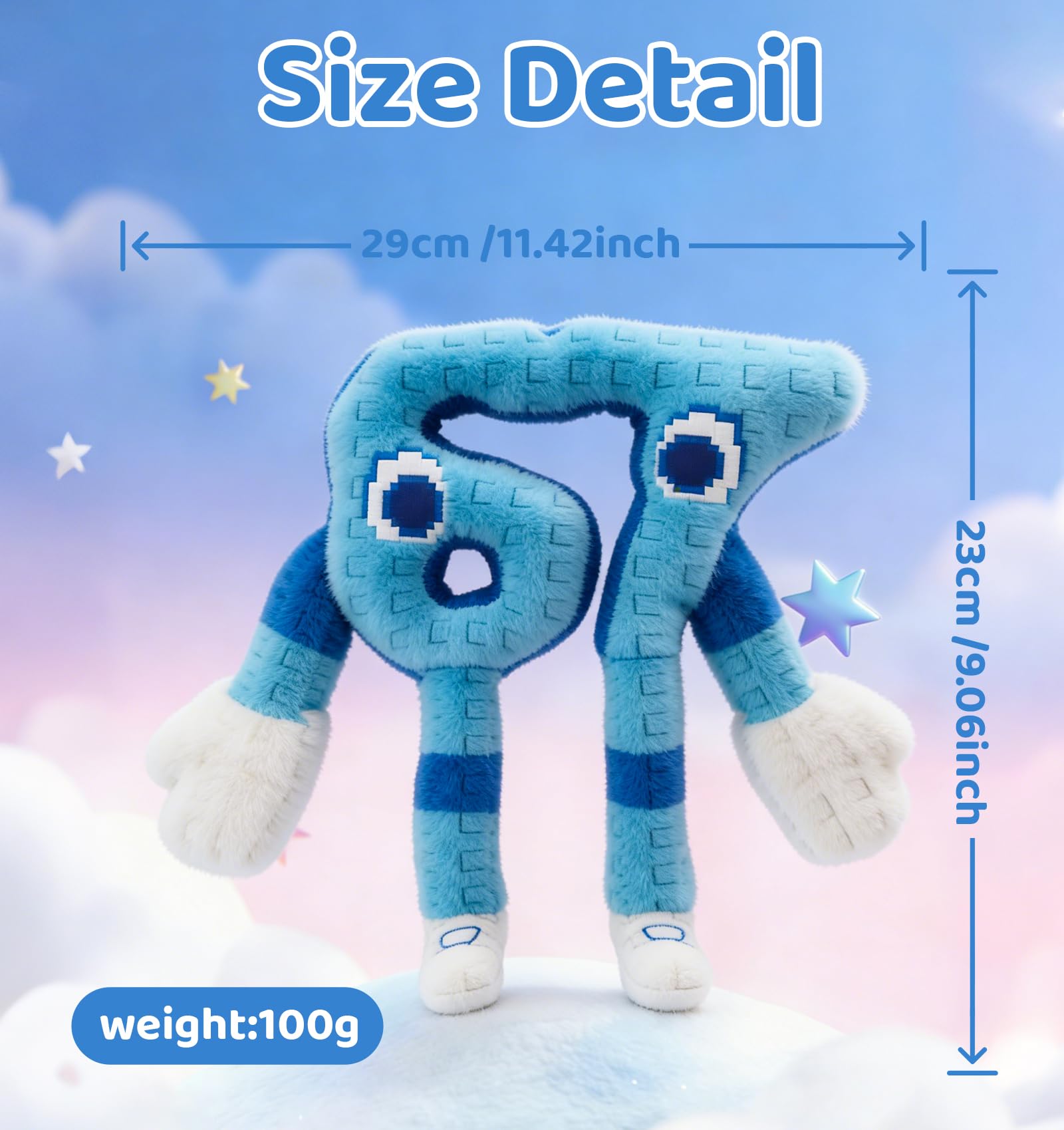 INROAN Brainrot 67 plush blue closeup highlights soft fabric and texture.