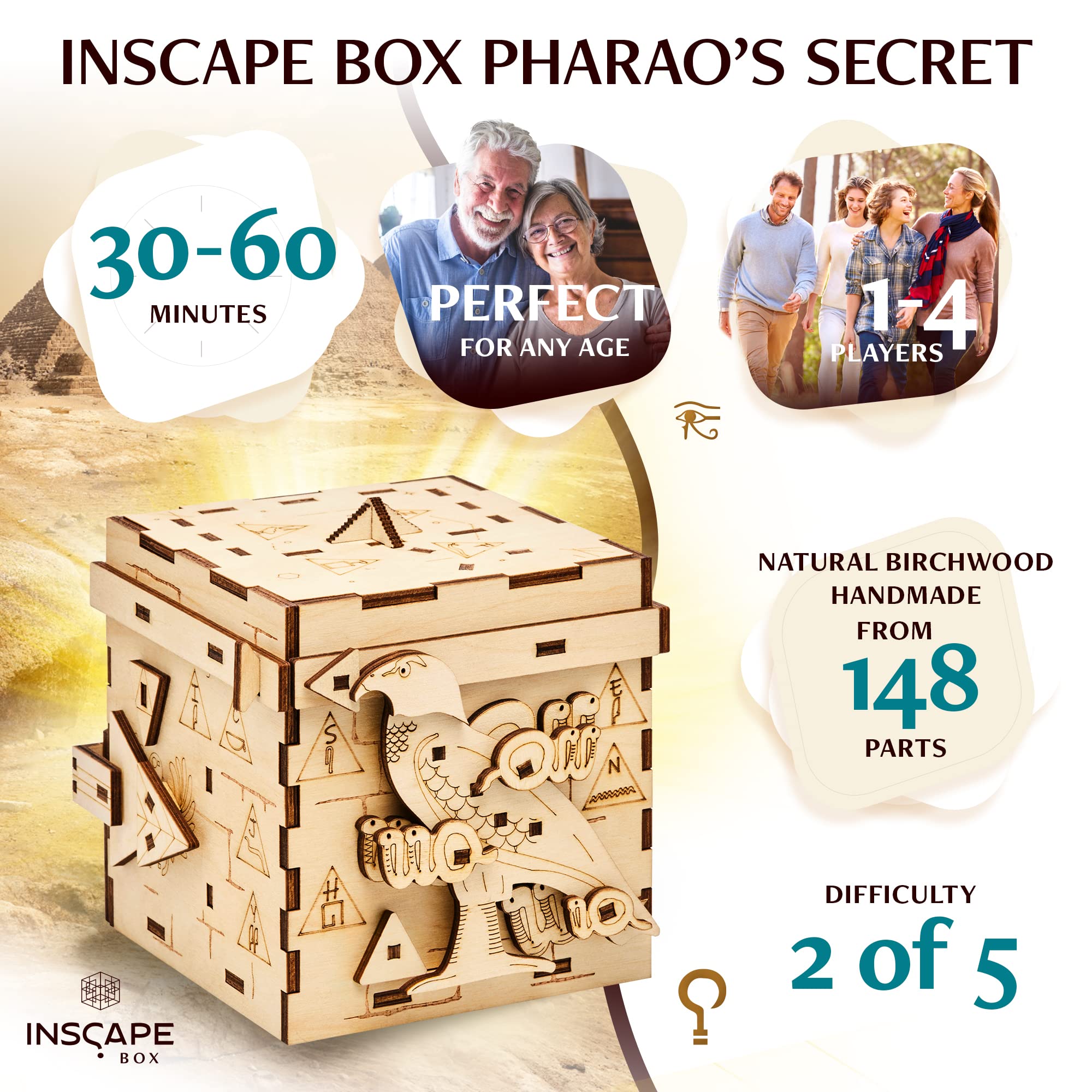 INSCAPE Pharaoh's Secret Puzzle Box assembled, 148-part handcrafted puzzle for hands-on exploration
