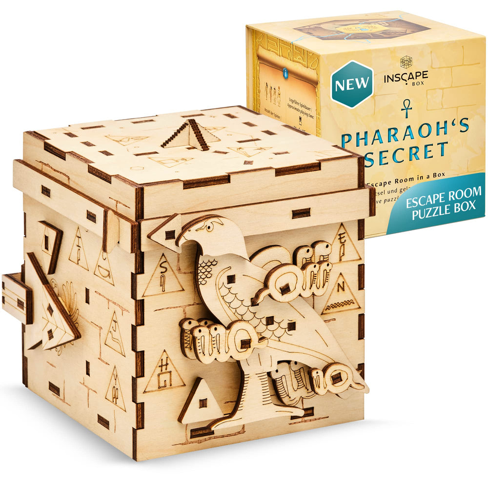INSCAPE Pharaoh's Secret Puzzle Box exterior with ancient sarcophagus look, a striking game-night centerpiece
