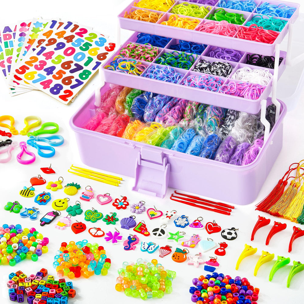 INSCRAFT 17500+ rubber bands with container for organized crafting sessions and easy access.