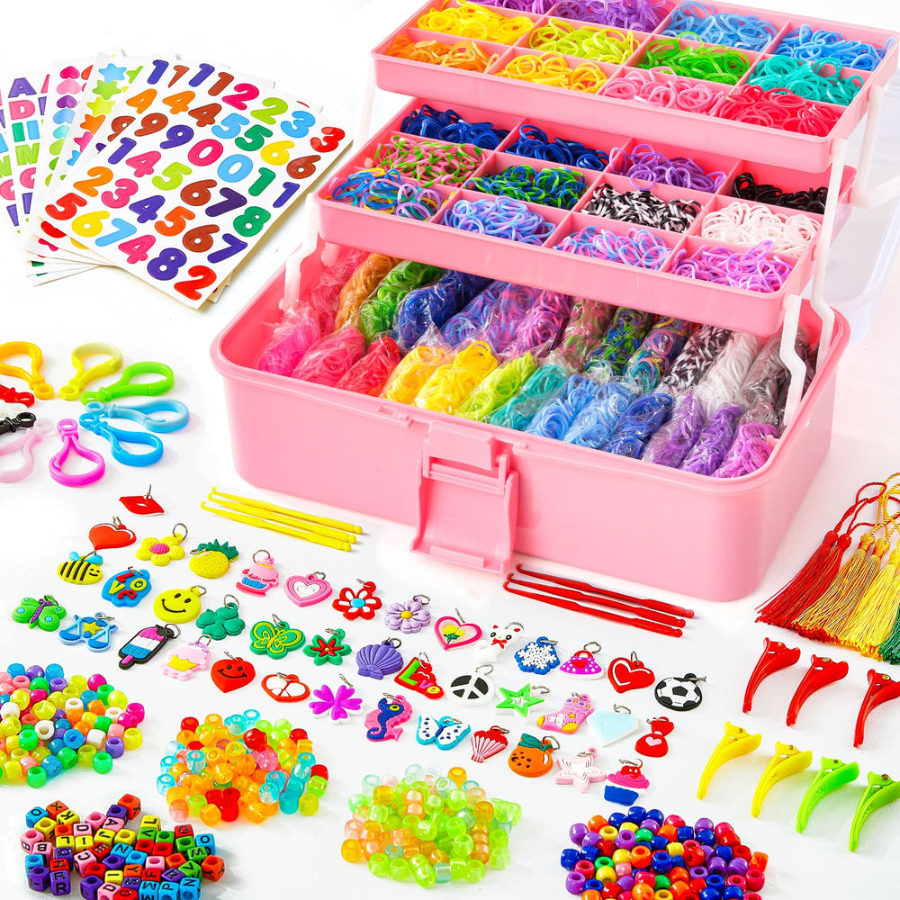 INSCRAFT 17500+ rubber bands organized in a see-through storage case for easy crafting