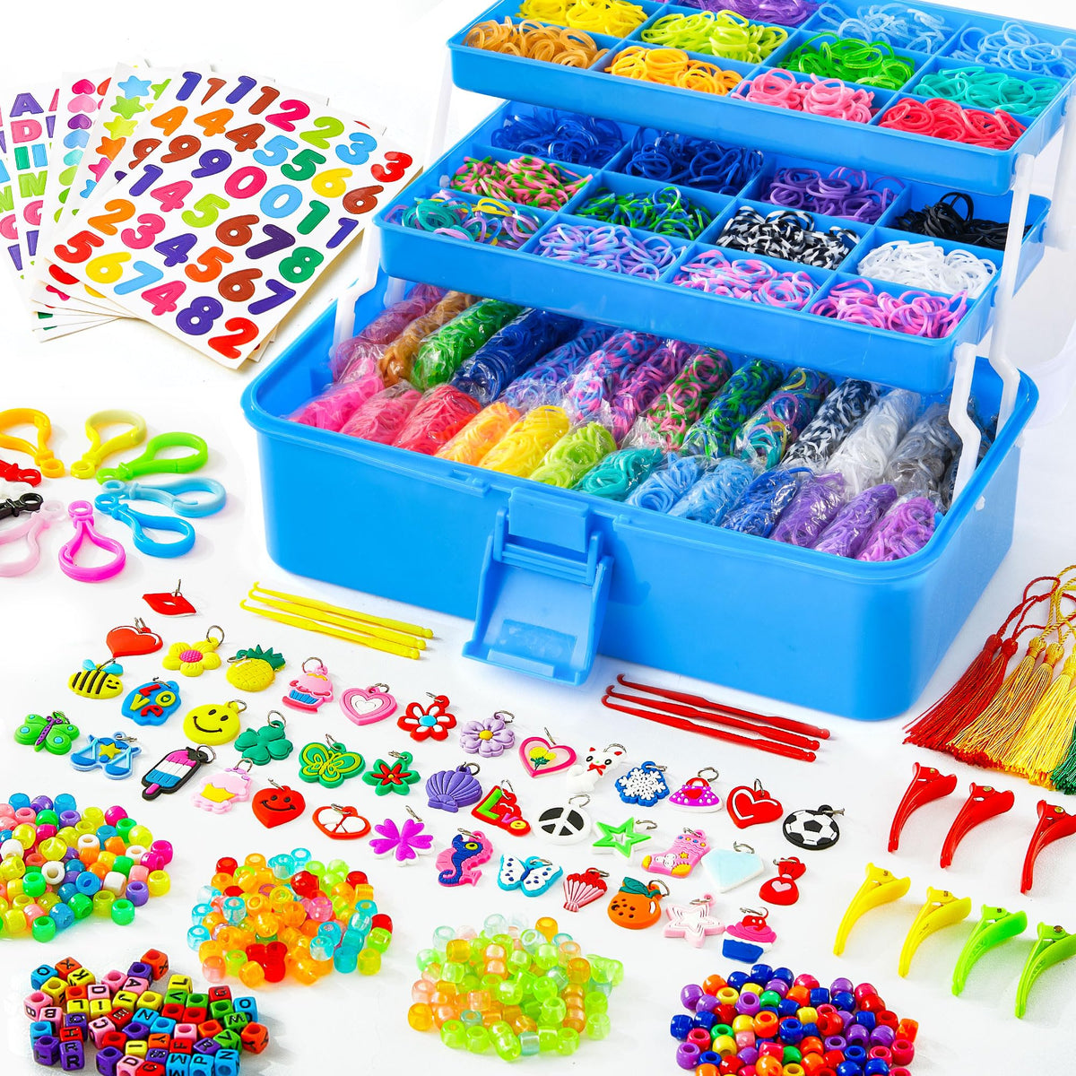 INSCRAFT rubber loom kit inside a three-layer container for organized crafting