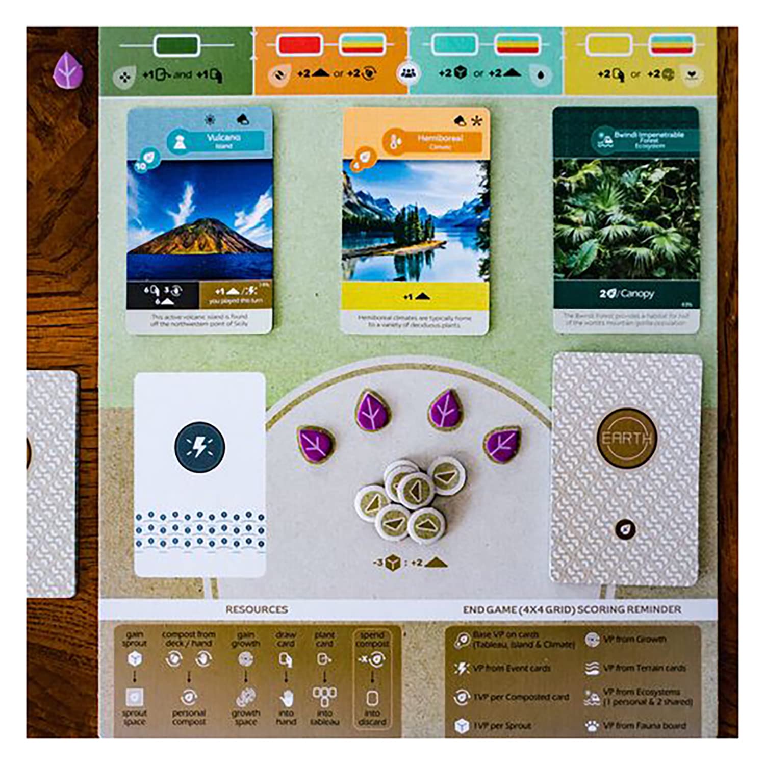 Inside Up Games Earth player-board with color-synced actions for synergy.