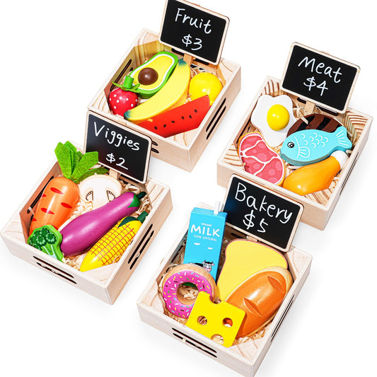 Inslat wooden play food collection for sorting by food group and imaginative meals