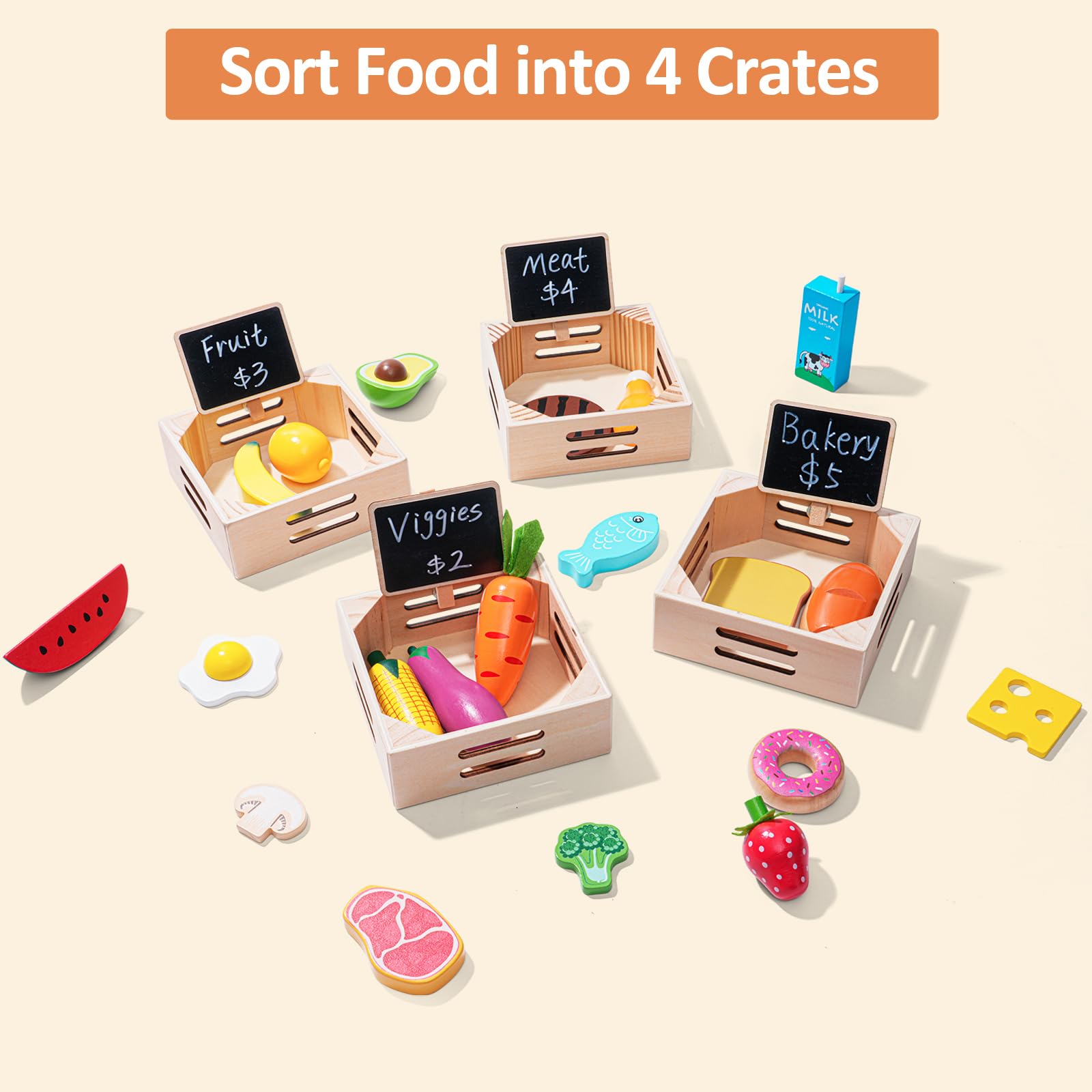 Inslat wooden crates for organizing play foods by category