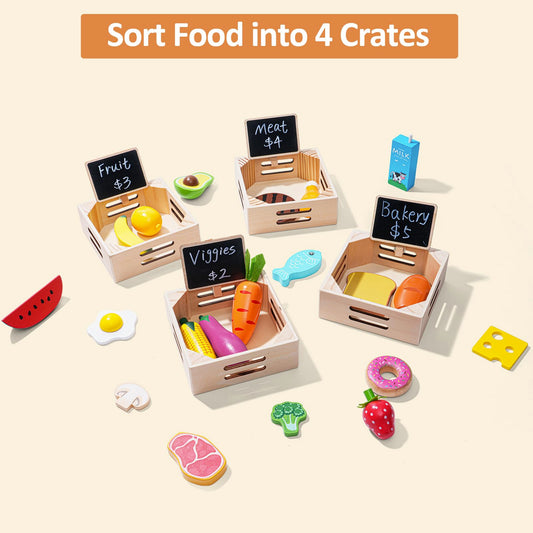 Inslat wooden crates for organizing play foods by category