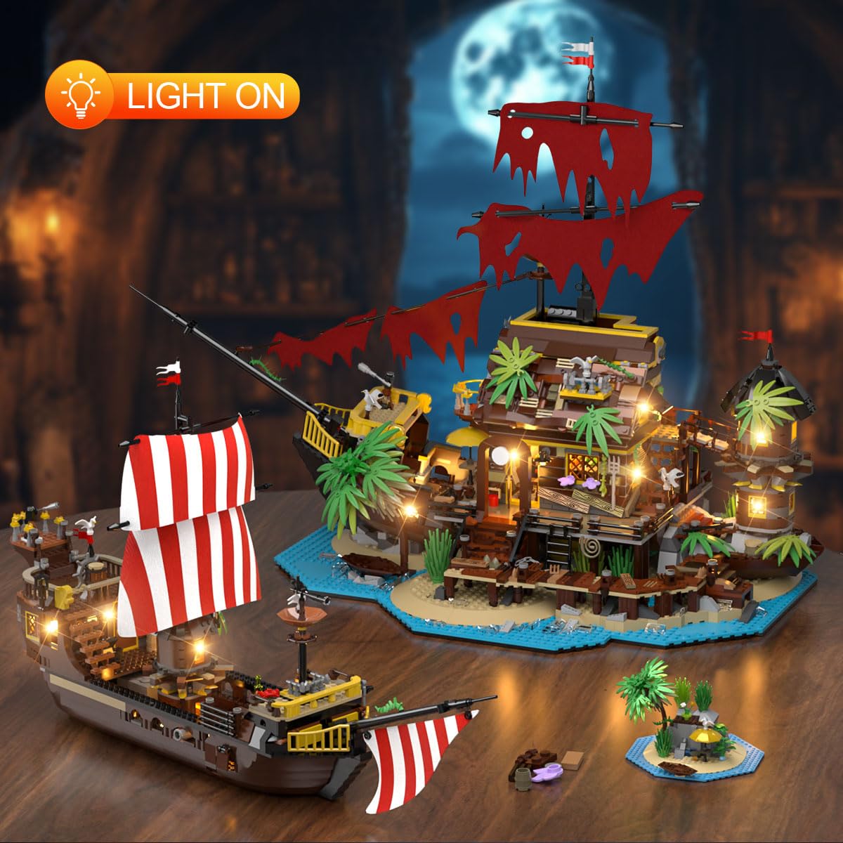 The INSOON Pirate Shipwreck House with LED lighting adds magical ambience to playtime.