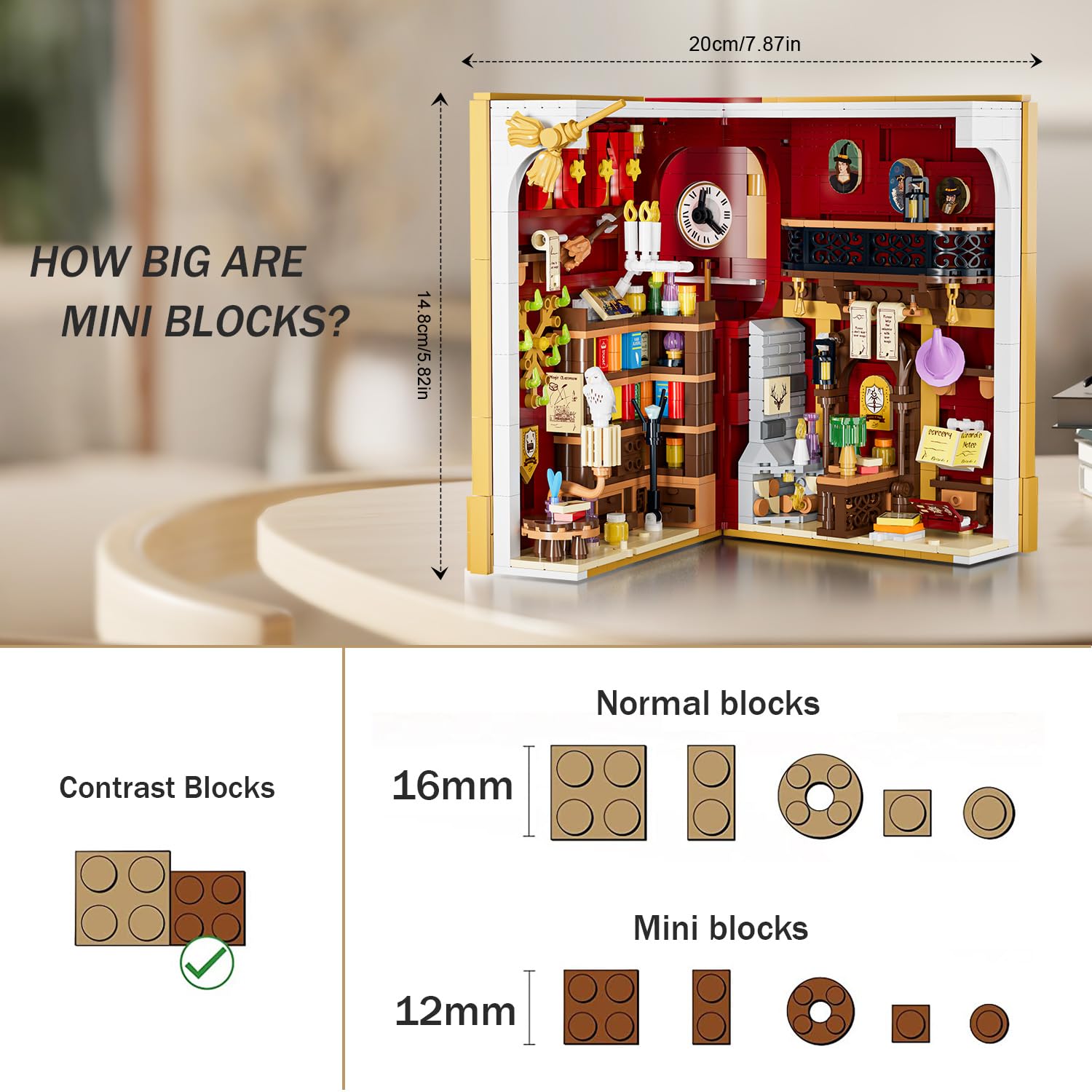 INSOON Magic Booknook 3.6mm bricks deliver detailed miniature scene.
