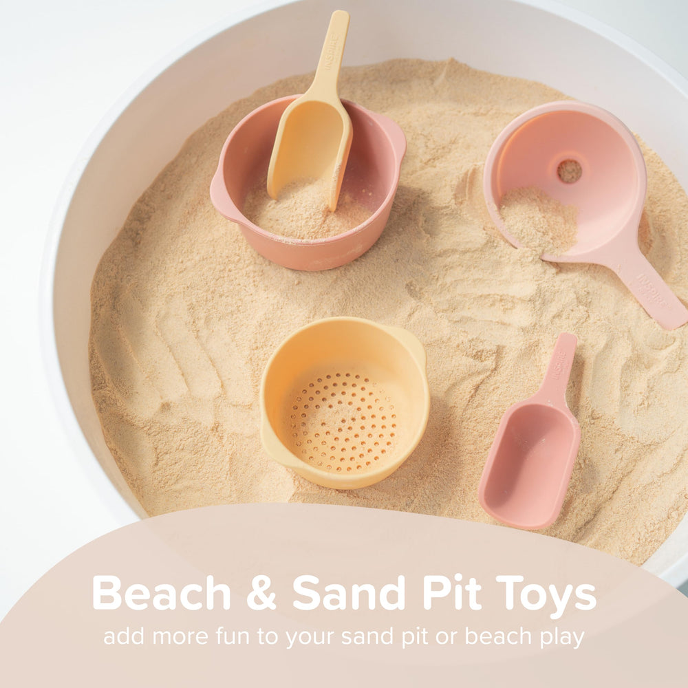 Inspire My Play coral bowls neatly stored in PlayTRAY for quick setup.