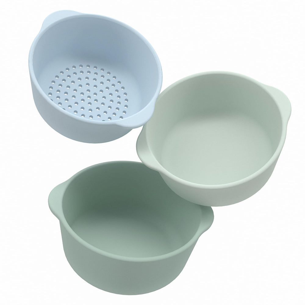 Inspire My Play nesting bowls and sieve in green for organized, mess-free play.
